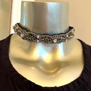 Choker necklace w/gold, silver and opal beads. Black felt lining, 12” long.
